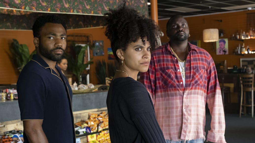 A photo of Donald Glover, Zazie Beetz, and Brian Tyree Henry on Atlanta.