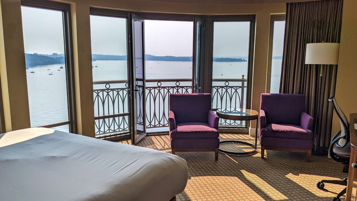 The view from a Premium Lakefront King room at The Edgewater hotel in Madison, Wisconsin.