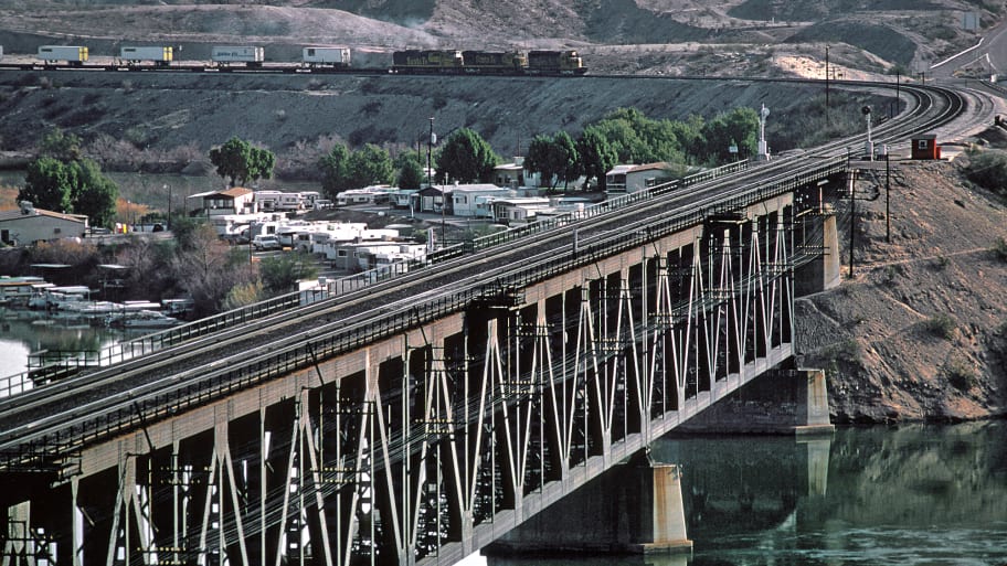 This is a westbound bridge approaching the Colorado River (and the Arizona/California border) at Topock, Arizona.