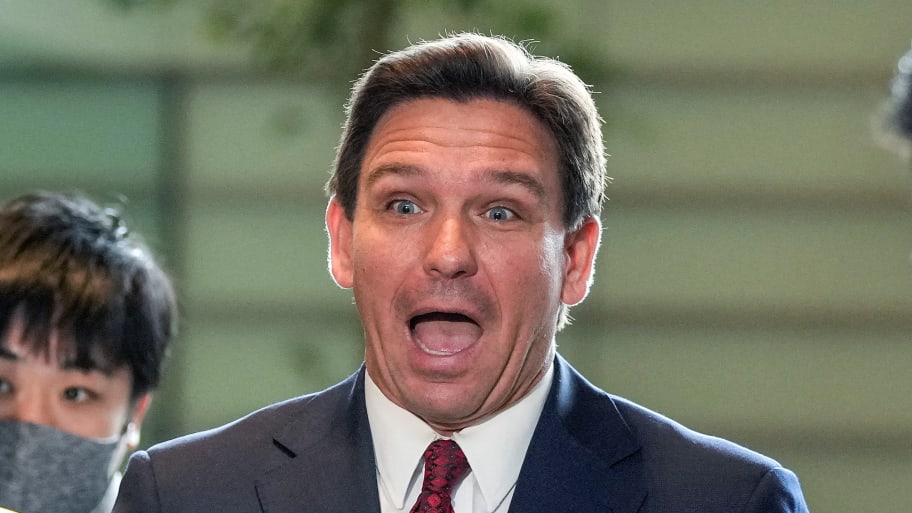 Florida Governor Ron DeSantis reacts as he talks with journalists after meeting Japanese Prime Minister Fumio Kishida at the latter's official residence in Tokyo, Japan, 24 April 2023.