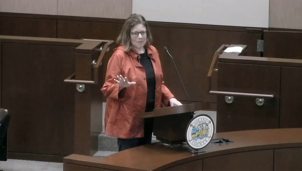 A screen grab of Jeanne McCormack, a third generation Solano County farmer, speaks at the May 2, 2023 Solano County Board of Supervisors meeting.