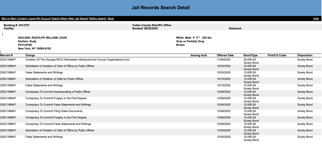 Rudy Giuliani's jail booking records.