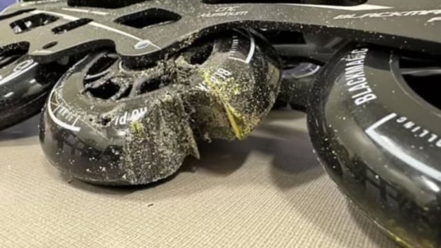 A close up of cocaine-crusted wheels on the seized rollerblades in the Kenosha drug bust