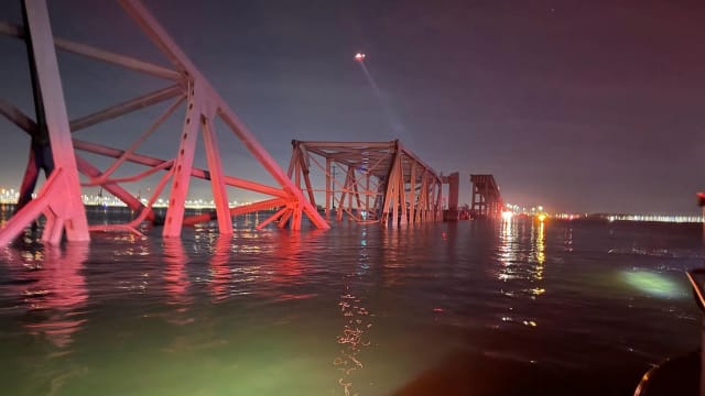 A view of the collapsed Francis Scott Key Bridge in Baltimore. 
