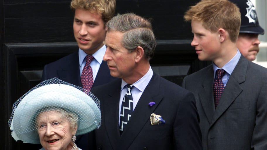 The Queen Mother, Prince Harry, Prince William and King Charles