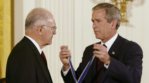 U.S. President George W. Bush presents Gordon Moore with the Presidential Medal of Freedom at the White House, July 9, 2002. 