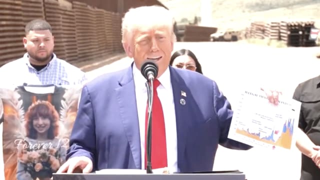 Donald Trump speaks at a press conference at the Mexico-U.S. border, August 22, 2024