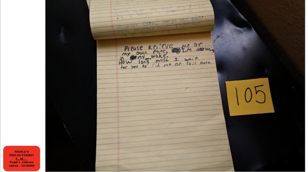 A handwritten note found at Aldrich’s home