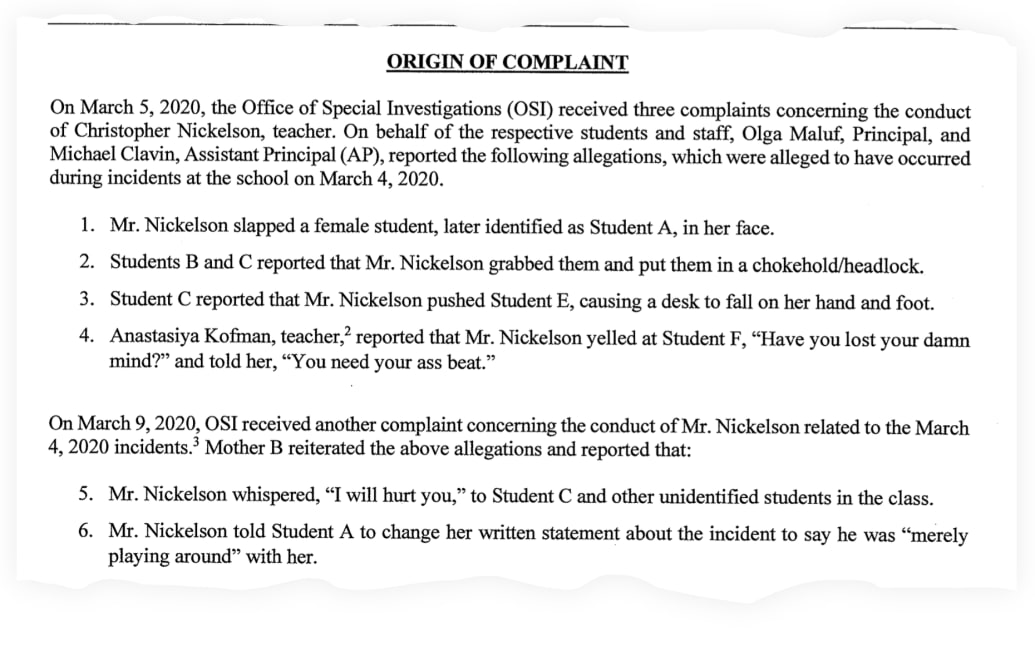 A snippet of one of the court filings in the BOE’s case against teacher Christopher Nickelson, outlining some of the complaints against him.