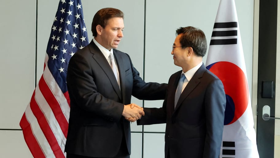 Florida's Governor Ron DeSantis shakes hand with South Korea's Gyeonggi Province Governor Kim Dong-yeon during their meeting in Seoul, South Korea, April 26, 2023.