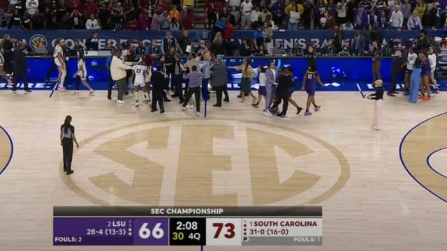 View from national TV as a scrap breaks out between South Carolina and LSU basketball players.