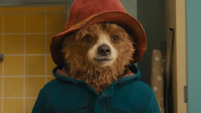 A bear in a red hat and blue coat.
