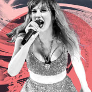 A photo illustration of Taylor Swift performing