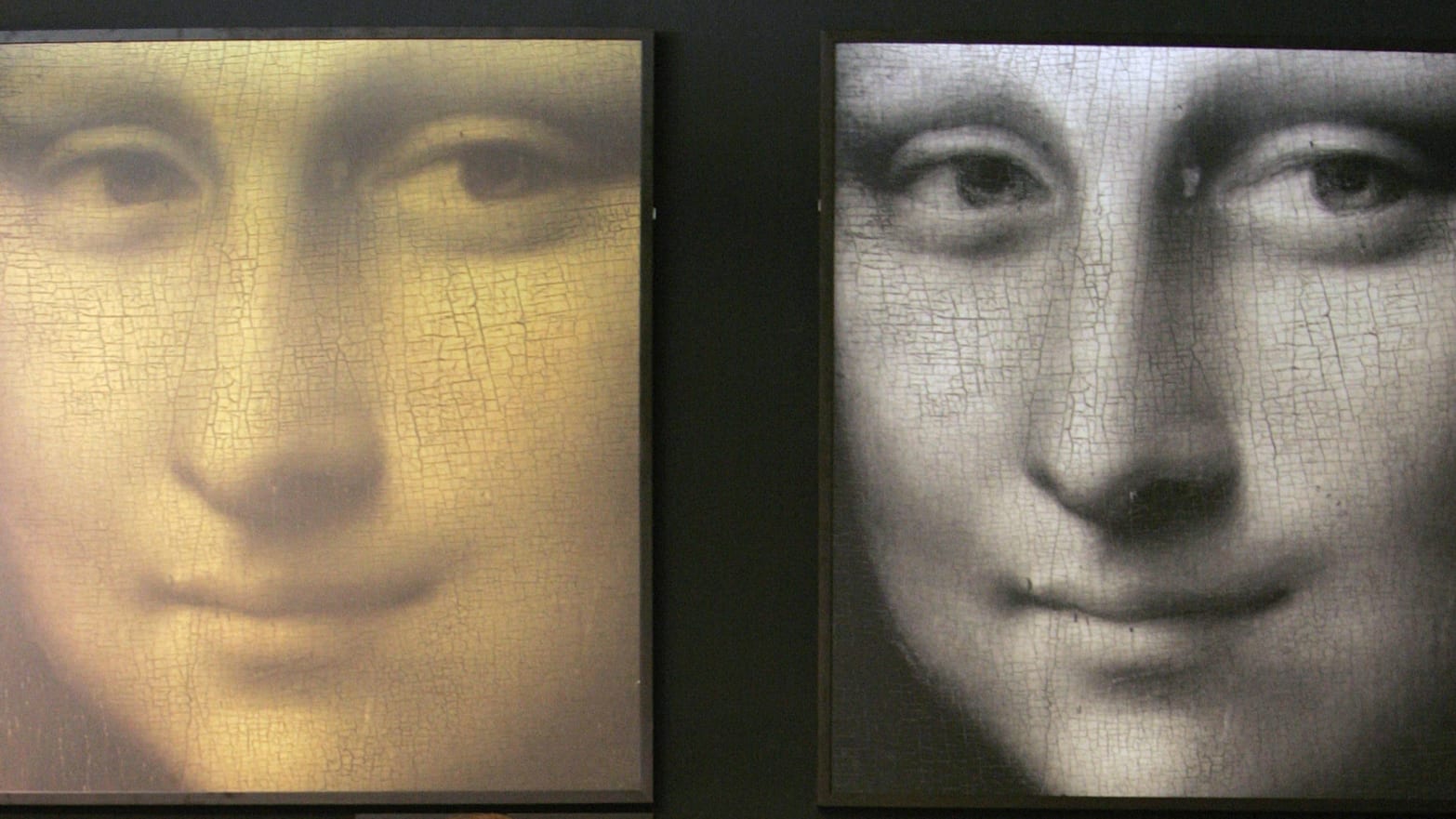 Leonardo da Vinci’s “Mona Lisa” is shown on screens.