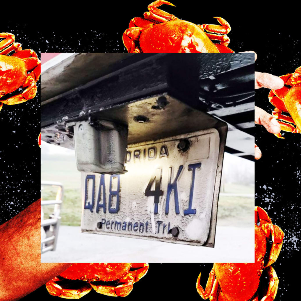 The altered license plate of the truck that picked up the crab