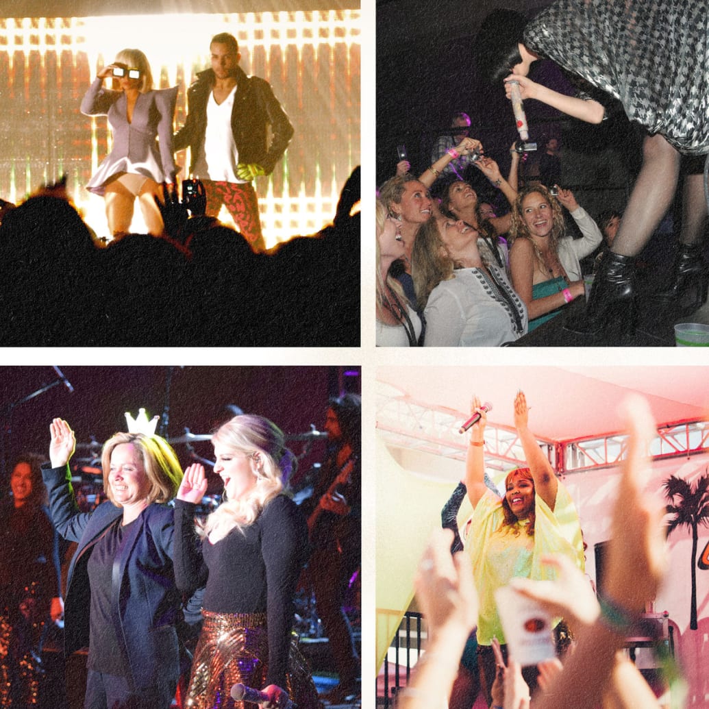 A photo illustration featuring four pictures of performers including Lady Gaga, Katy Perry, Meghan Trainor, and Lizzo performing at Dinah.