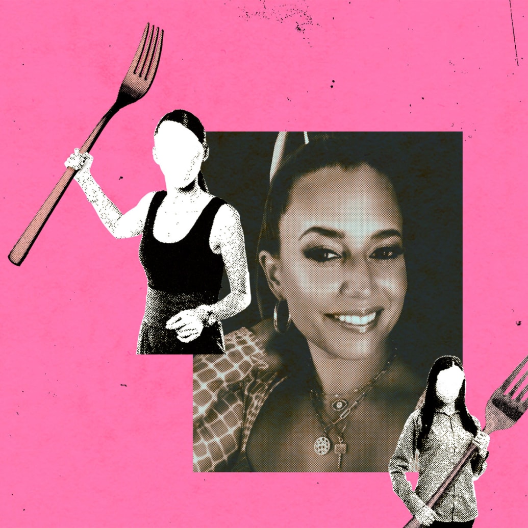 A photo illustration of Emily Gellis Lande surrounded by faceless women wielding giants forks and knives.
