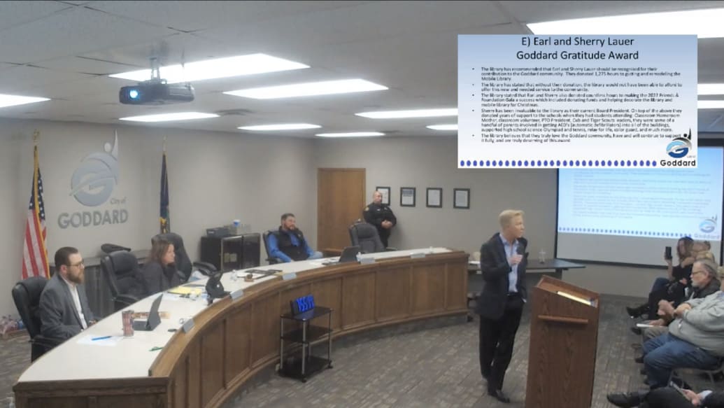 Mayor Hunter Larkin addresses Goddard residents at a City Council meeting on Monday night.