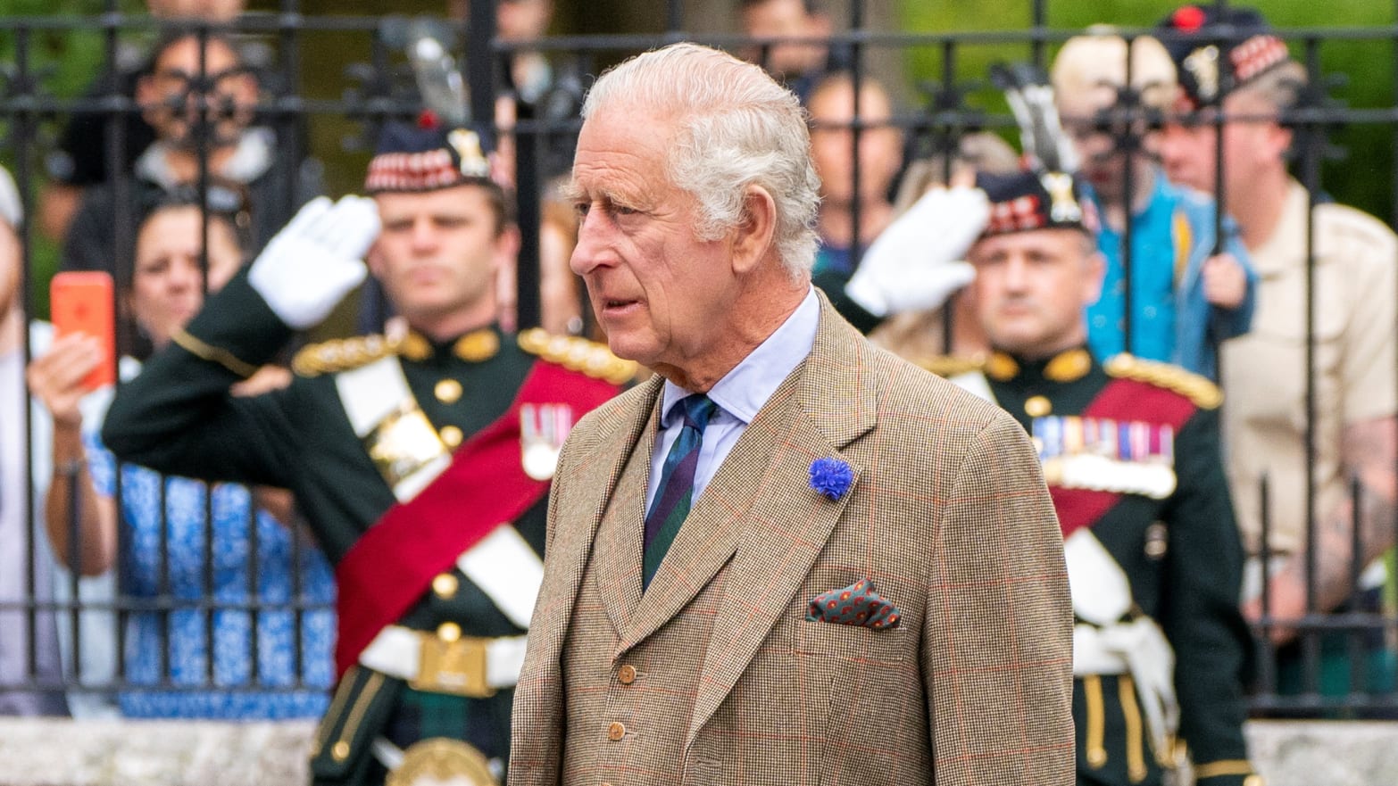 Britain's King Charles inspects Balaklava Company, 5th Battalion, The Royal Regiment of Scotland, at the gates of Balmoral, as he takes up summer residence at the castle in Balmoral Estate, Scotland, Britain, August 21, 2023.