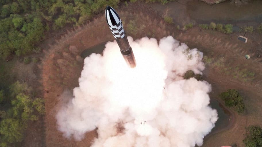 A view of a test launch of a new solid-fuel intercontinental ballistic missile (ICBM) Hwasong-18 released by North Korea’s Korean Central News Agency (KCNA), April 14, 2023. 