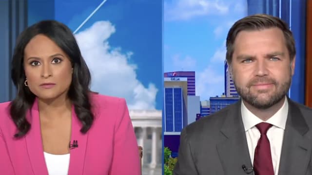 NBC's Kristen Welker (left) and JD Vance (left) during a segment of "Meet the Press"