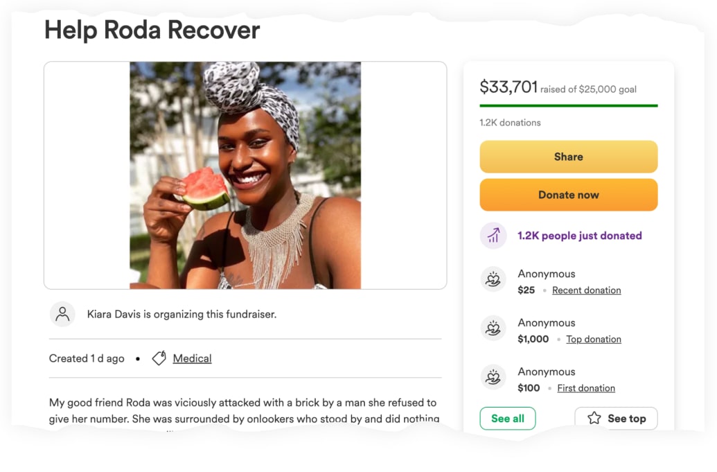 A screenshot of Roda Osman’s GoFundMe page set up after the “brick” attack, which has now been taken offline.