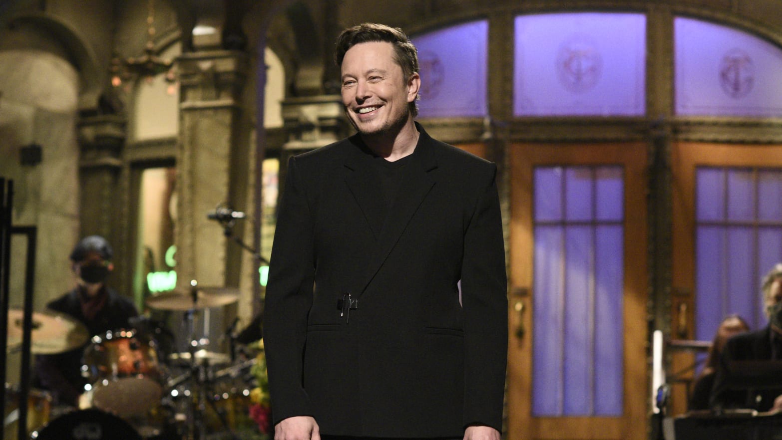 Elon Musk on stage hosting Saturday Night Live