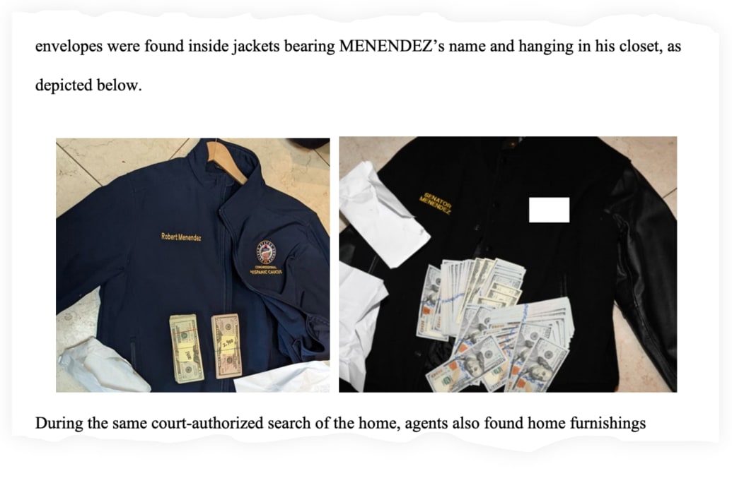 A snippet of the indictment against Bob Menendez, showing cash and jackets embroidered with his name.