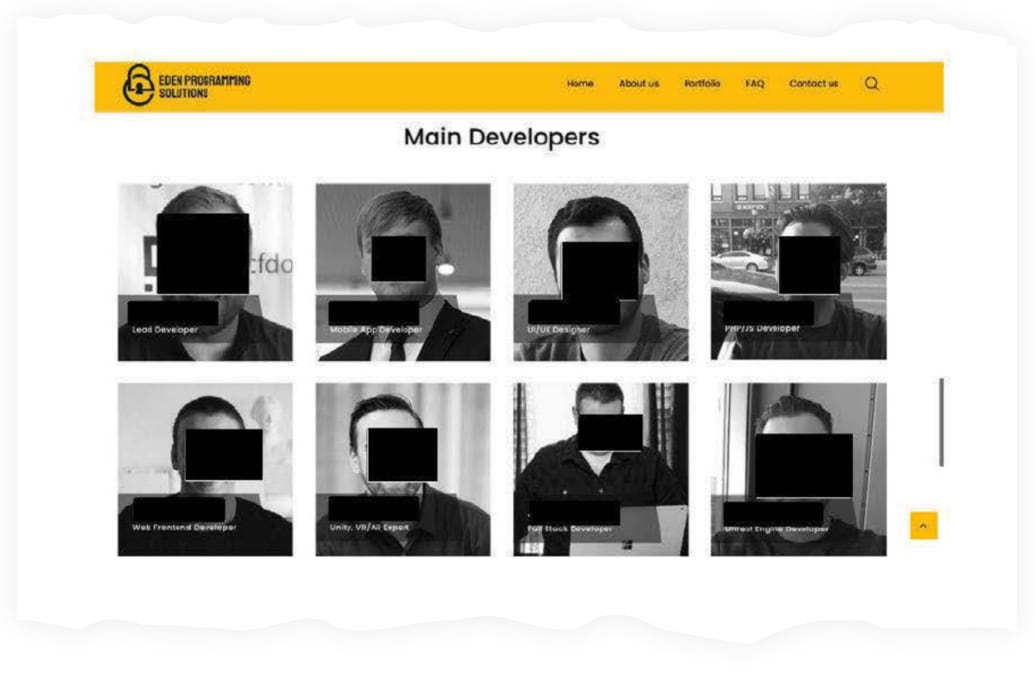 A screengrab of the Eden Programming Solutions website, showing a phantom “staff” of people who did not actually work there.
