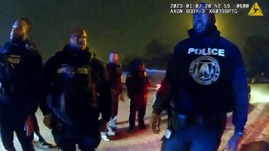 Memphis Police Department officers stand near Tyre Nichols, a 29-year-old Black man who was pulled over while driving, beaten and died three days later.