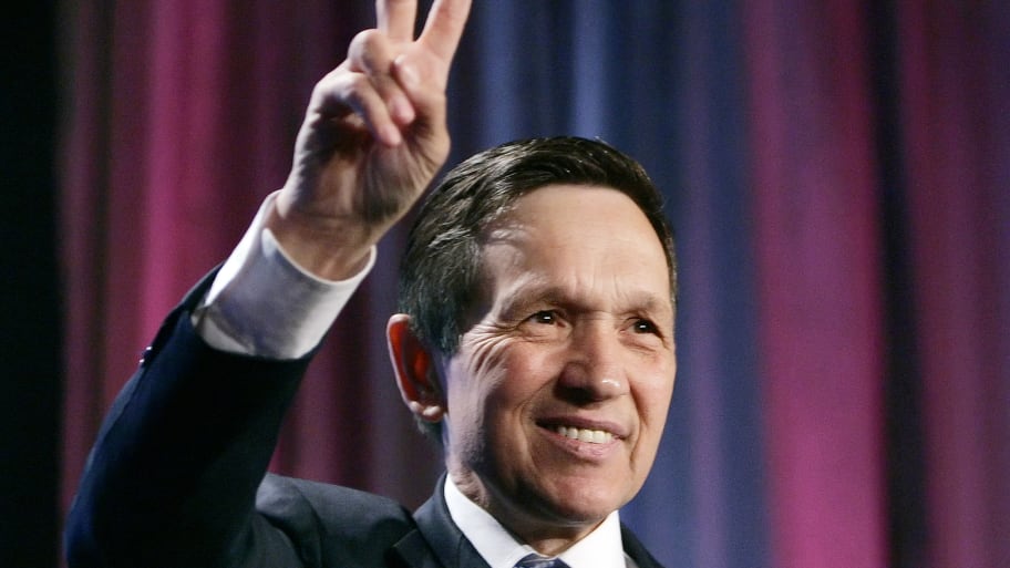 Rep. Dennis Kucinich (D-OH) gestures after speaking at the Take Back America conference in Washington, D.C., June 20, 2007. 