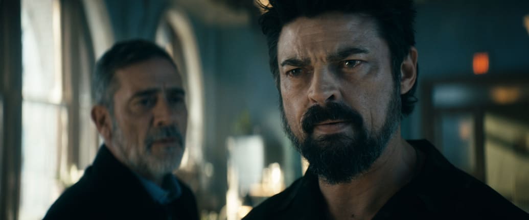 Jeffrey Dean Morgan as Joe Kessler and Karl Urban as Billy Butcher in The Boys Season 4.