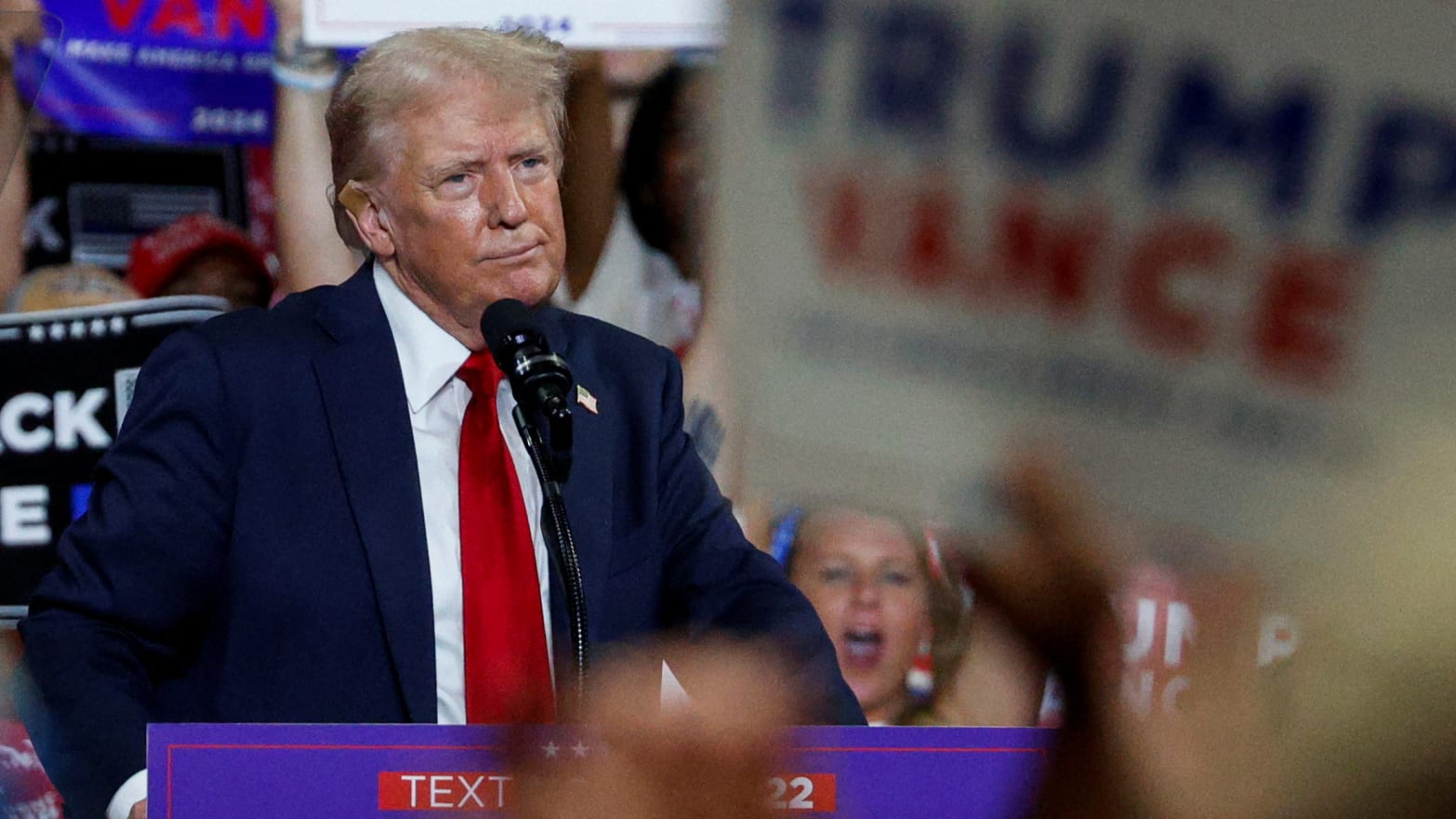 Republican presidential nominee and former U.S. President Donald Trump looks on as he campaigns in Charlotte, North Carolina, U.S. July 24, 2024.  