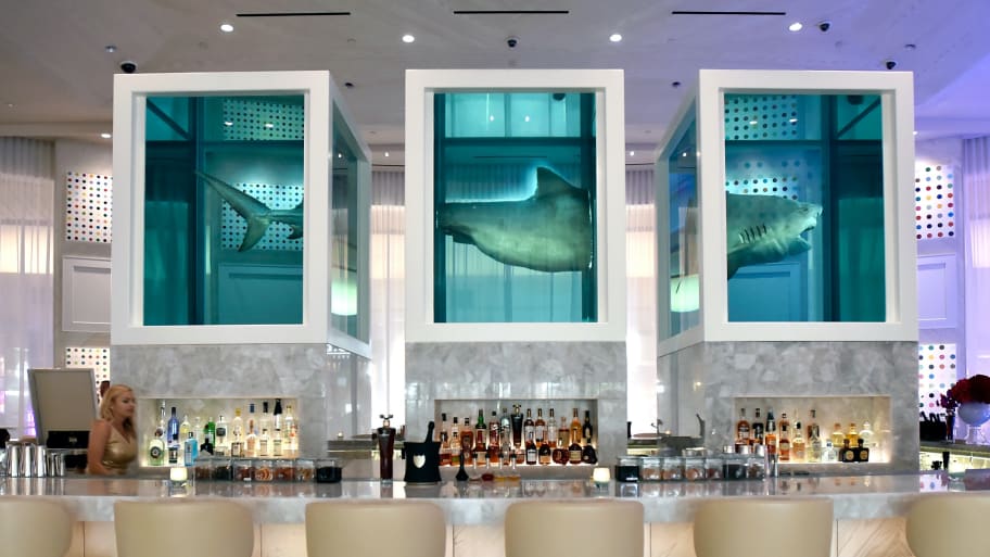 A shark artwork by Damien Hirst shown in Las Vegas in 2018.