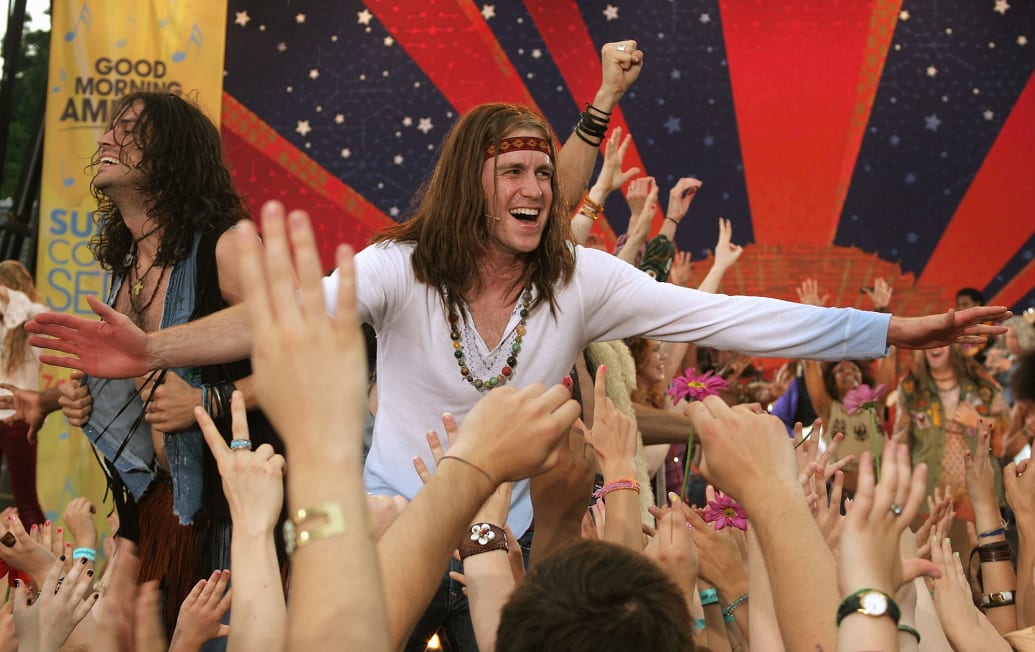 Will Swenson and Gavin Creel perform with the cast of Broadway's 'Hair' on ABC's "Good Morning America." June 26, 2009 in New York City.