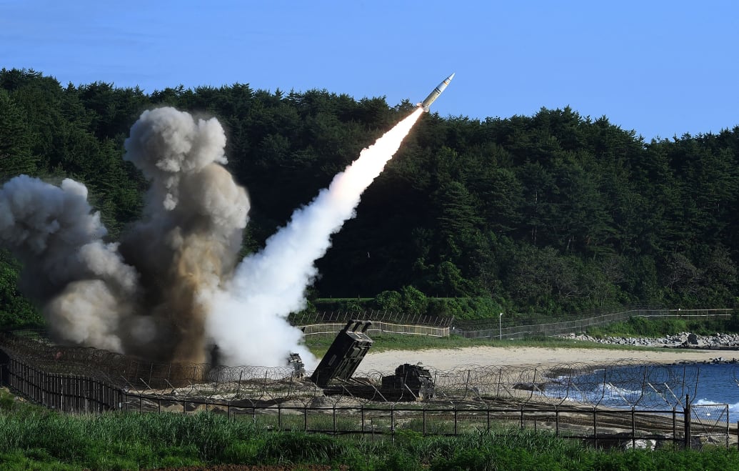 A photo of a missile test of the M270 Multiple Launch Rocket System in South Korea.
