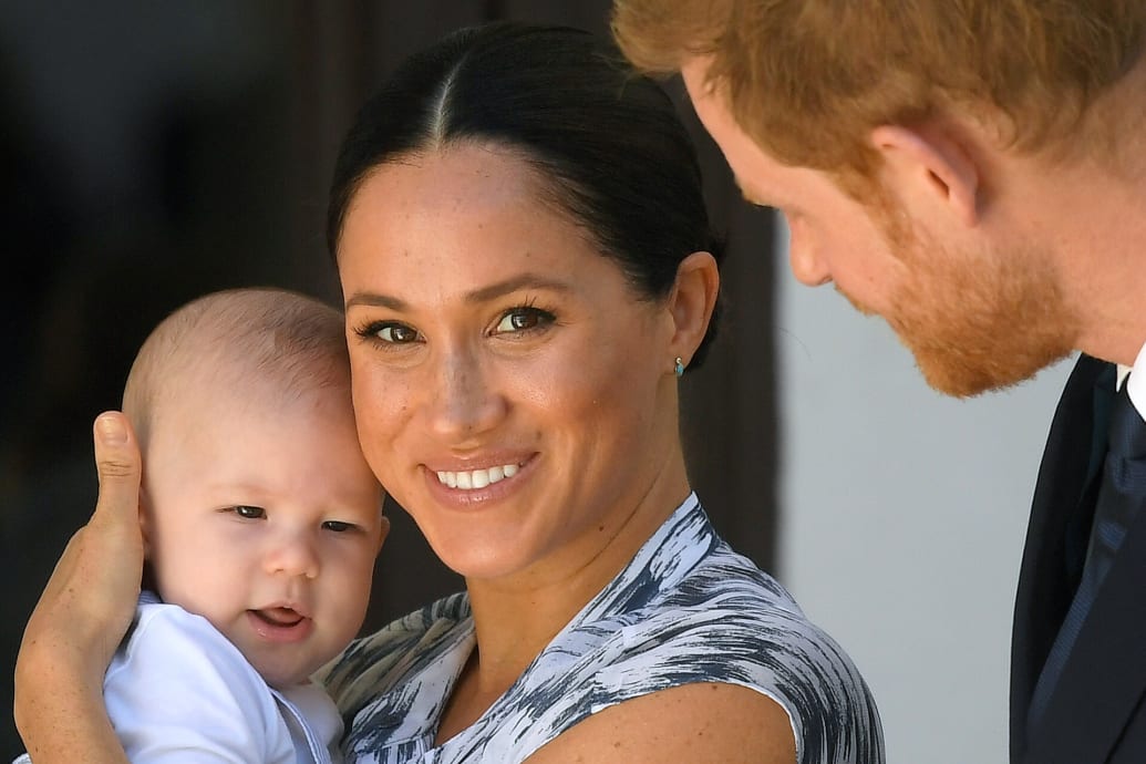 Prince Harry and Meghan Markle holding their son Archie, meet Archbishop Desmond Tutu (not pictured) at the Desmond & Leah Tutu Legacy Foundation in Cape Town, South Africa, September 25, 2019.