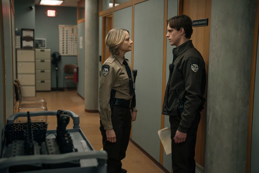 Jodie Foster as Chief Liz Danvers and Finn Bennett as Officer Peter Prior in True Detective Night Country