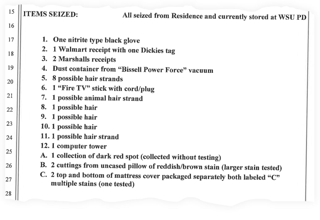 A list of what cops say they seized from Kohberger’s Pullman, Washington apartment.