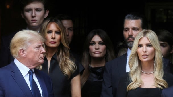 Former U.S. President Donald Trump, his wife Melania, Kimberly Guilfoyle, his sons Barron and Donald Jr. and his daughter Ivanka leave St. Vincent Ferrer Church during the funeral of Ivana Trump.