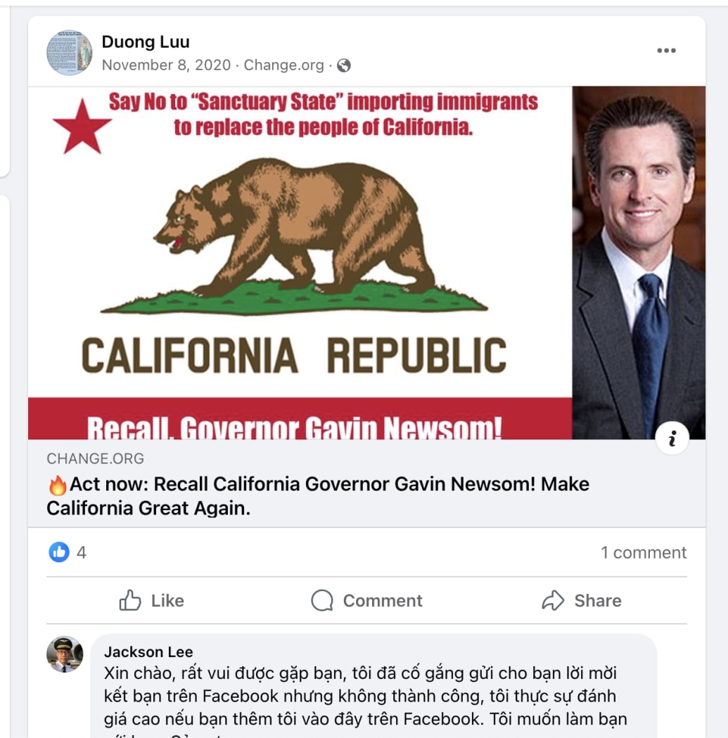 A screenshot from Duong Dai Luu’s Facebook page, which features a petition against “importing immigrants to replace the people of California.”