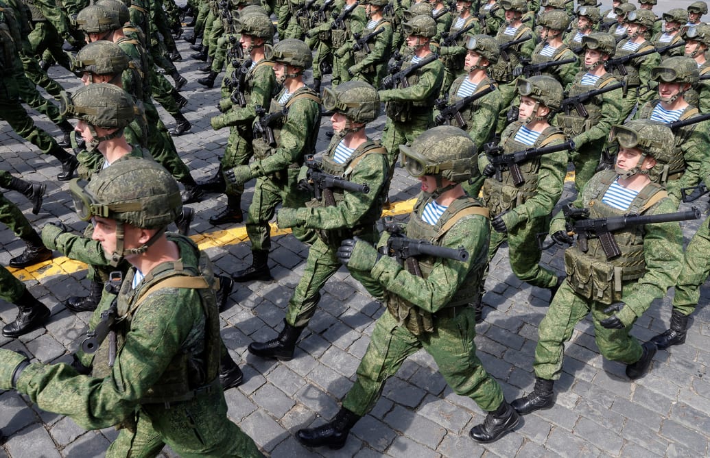 An image of Russian soldiers marching in a parade rehearsal in the Red Square in Moscow, Russia in 2022.