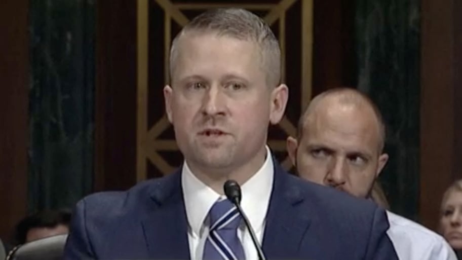 Matthew Kacsmaryk speaks into a microphone at his Senate Judiciary Commitee nomination hearing in 2017. 