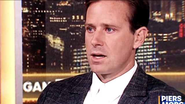 Still Image of Armie Hammer tearing up in his dramatic interview on Piers Morgan Uncensored.