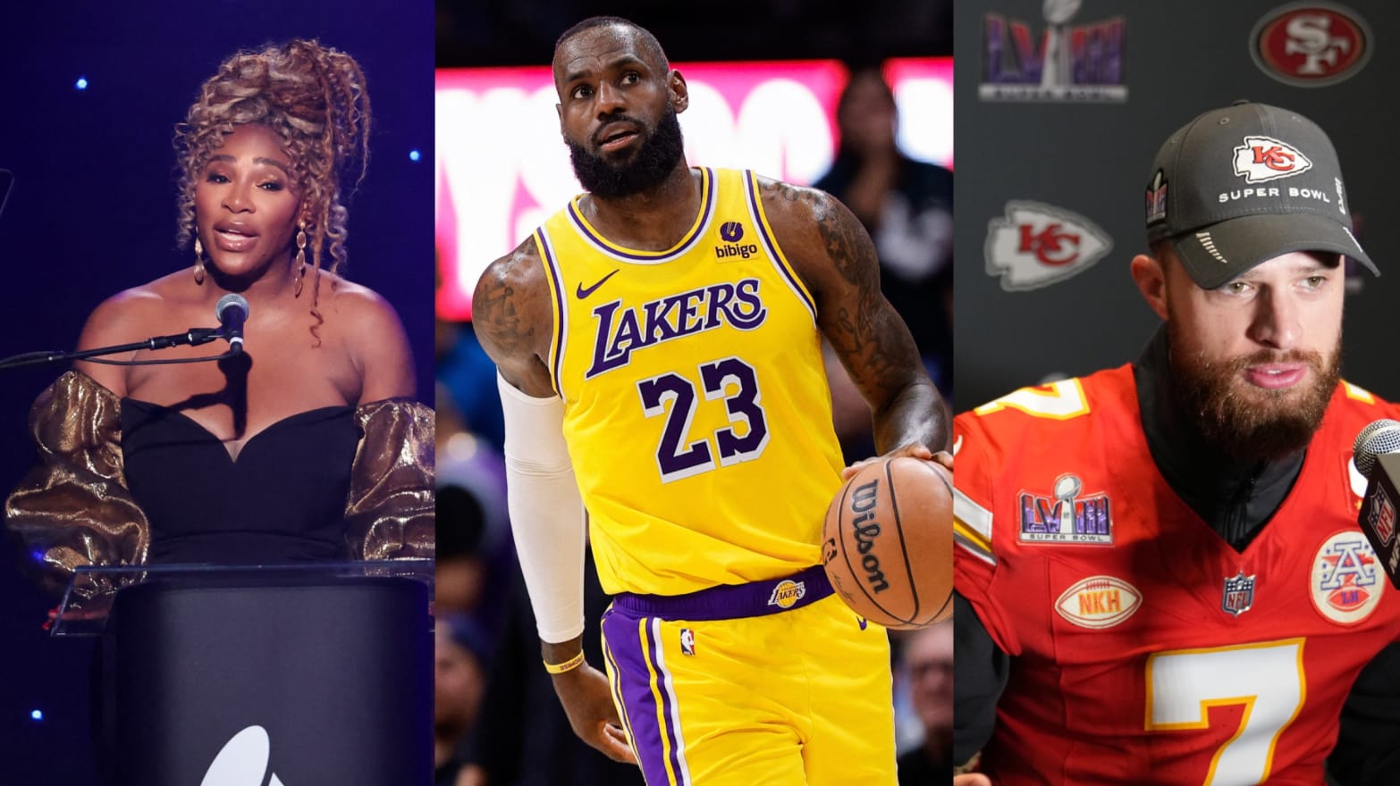 Serena Williams (left) speaks on stage, Los Angeles Lakers forward LeBron James (center) and Kansas City Chiefs kicker Harrison Butker (right) during a press conference before Super Bowl LVIII.