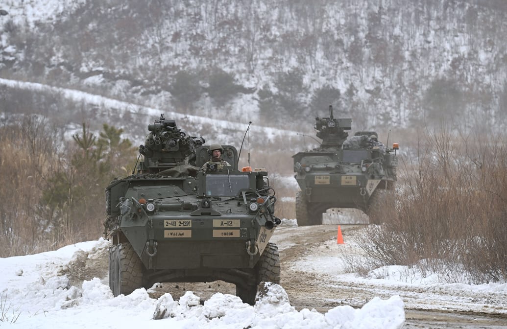 US military Stryker armored vehicles participate in a joint live fire exercise in South Korea.