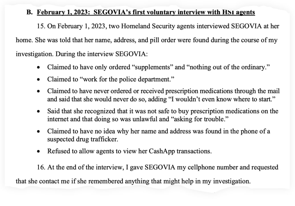A snippet of the criminal complaint against Joanne Segovia with bulletpoints of her interview with Homeland Security agents