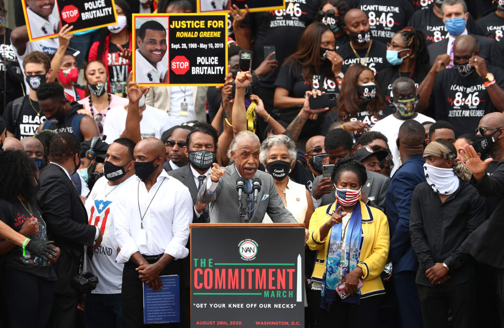 Rev. Al Sharpton addresses the "Get Your Knee Off Our Necks" Commitment March on Washington 2020.