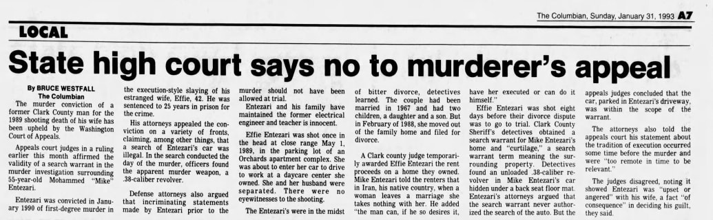 A newspaper clipping from 1993, when Mohammad “Mike” Entezari had his appeal denied in his murder case.