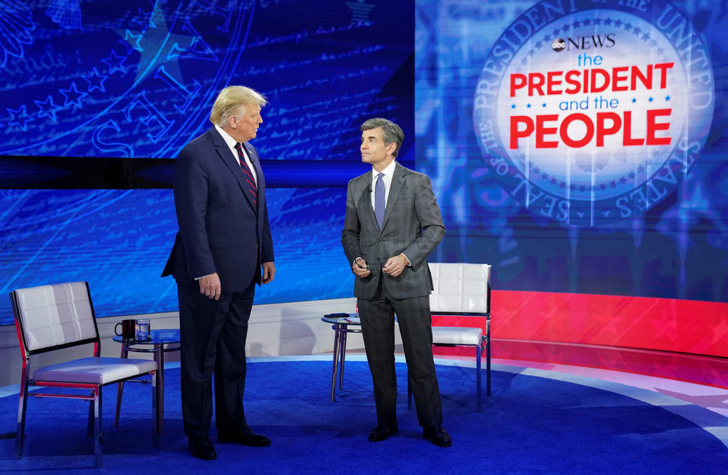 Then-president Donald Trump and George Stephanopoulos at a town hall event in Philadelphia, Pennsylvania, U.S., September 15, 2020.